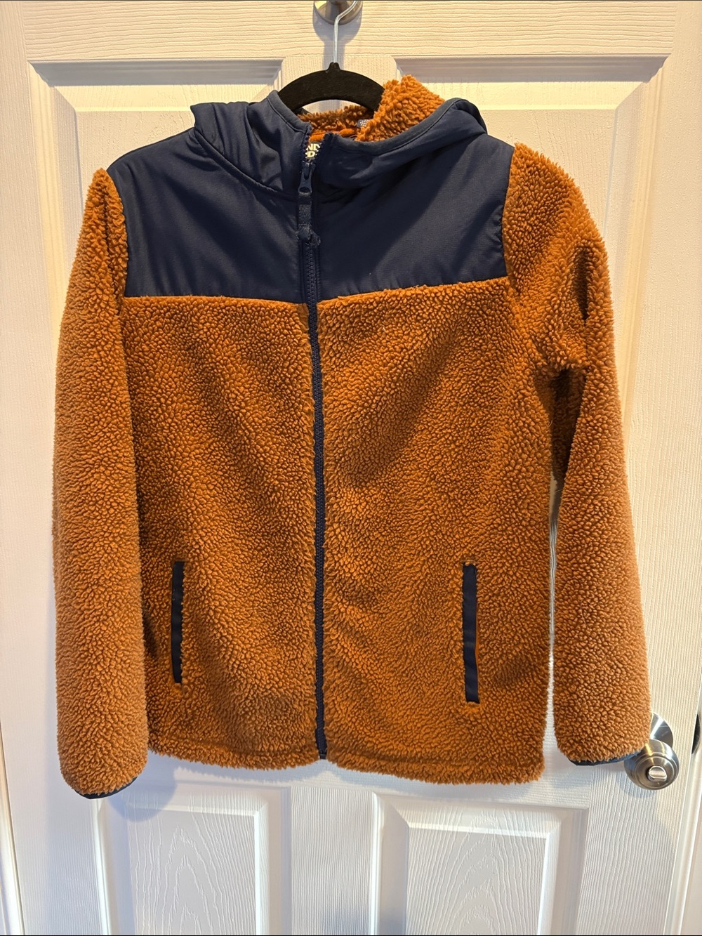 Lands' End Kids Rust Sherpa Puffer Jacket with Navy Yoke